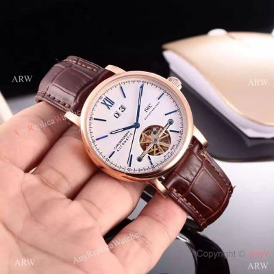 IWC Tourbillon Schaffhausen 39mm Watch White Dial Rose Gold Brown Leather Strap